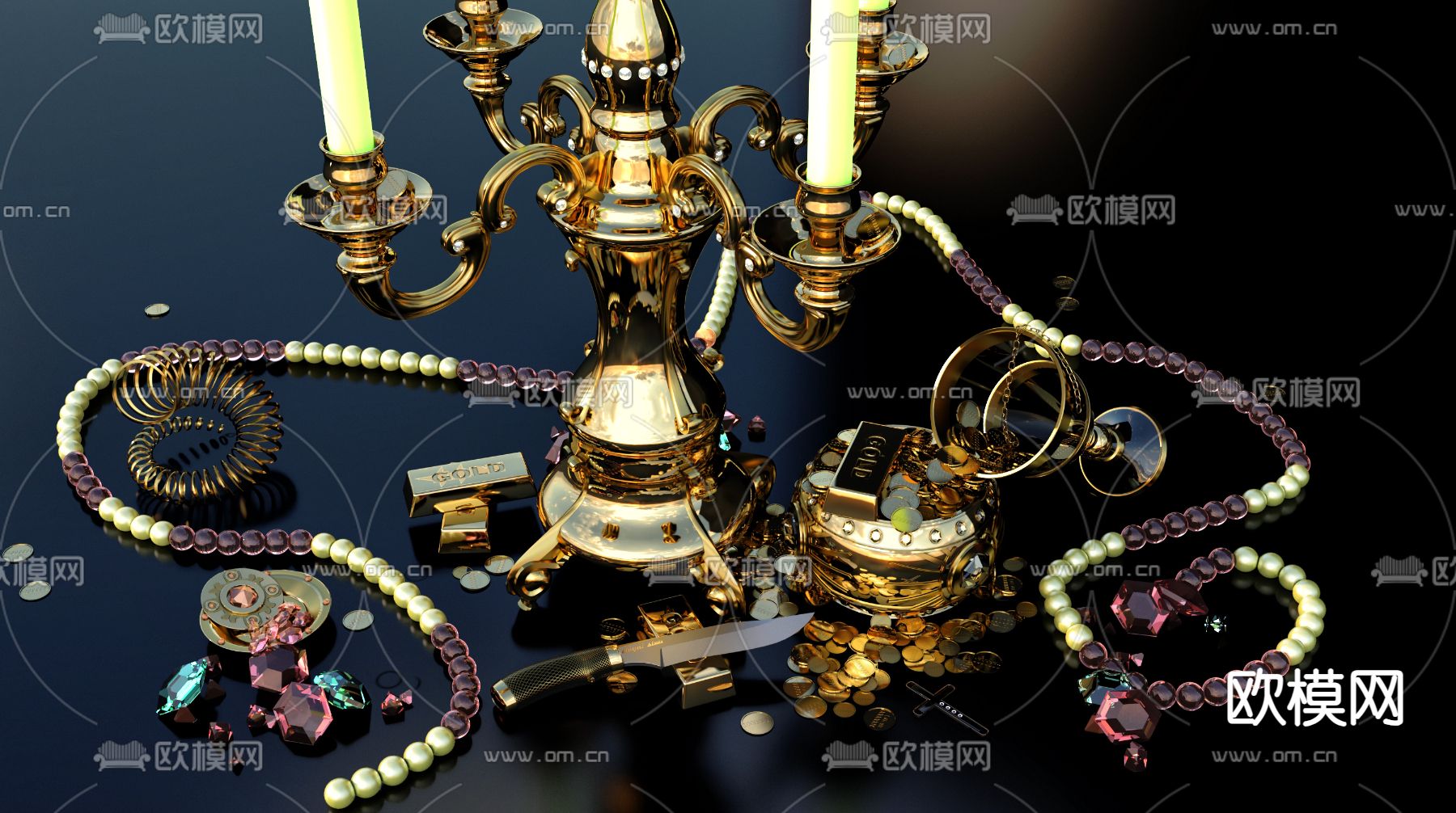 黄金 宝石 硬币 金条3d模型下载