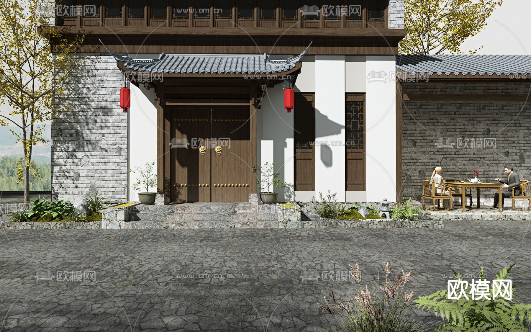 中式门头  四合院门面 庭院门面3d模型下载