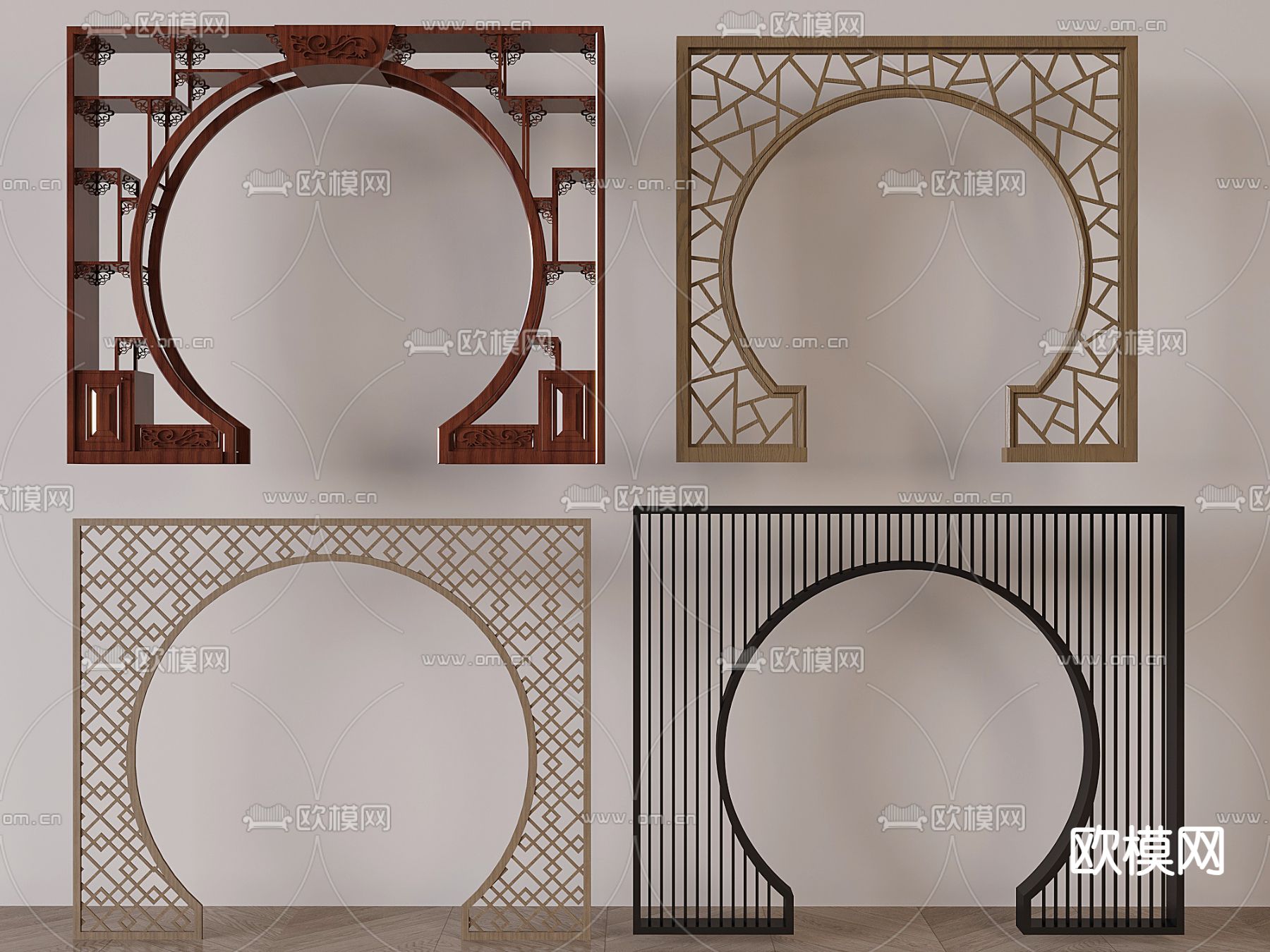 中式月亮门 镂空隔断 门洞3d模型下载