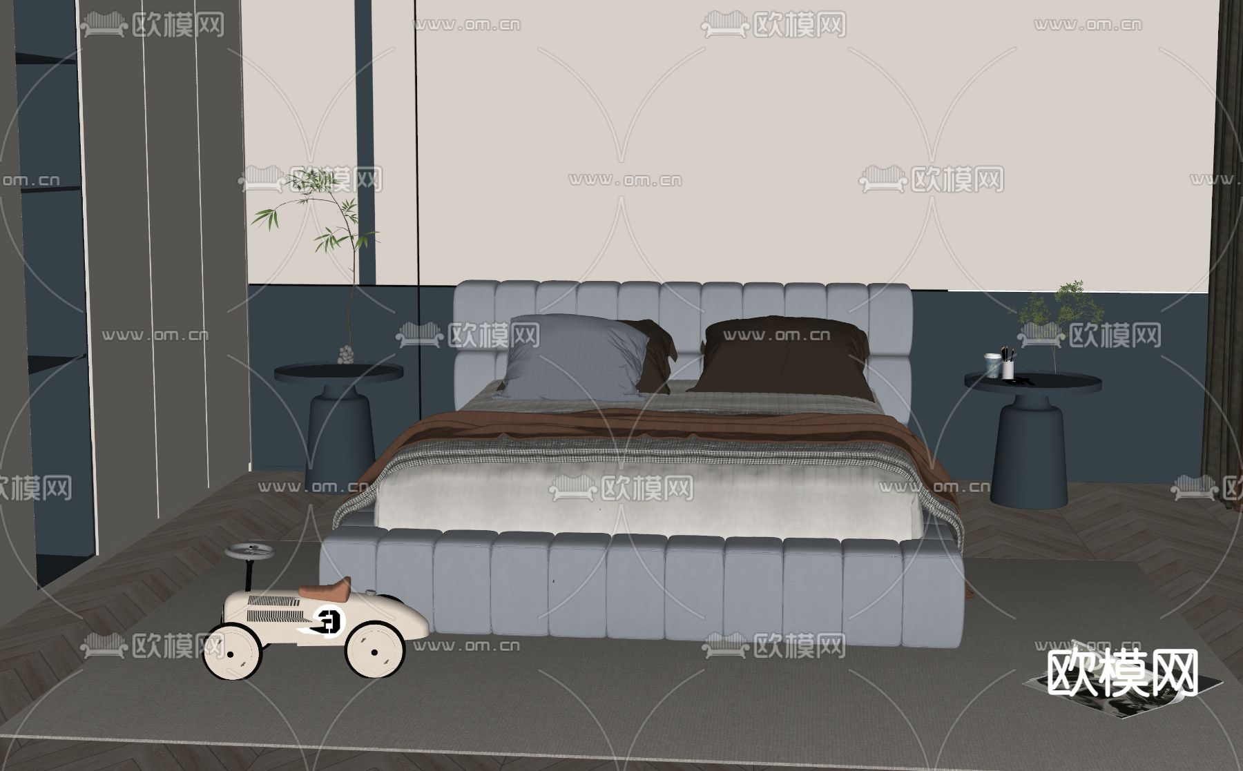 现代儿童床su模型下载（渲染图1）