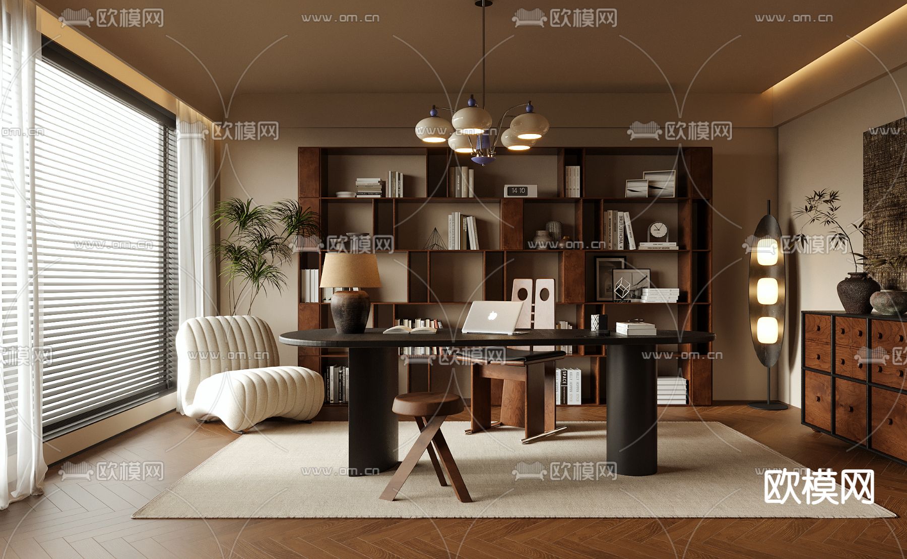 中古风书房su模型下载（渲染图2）