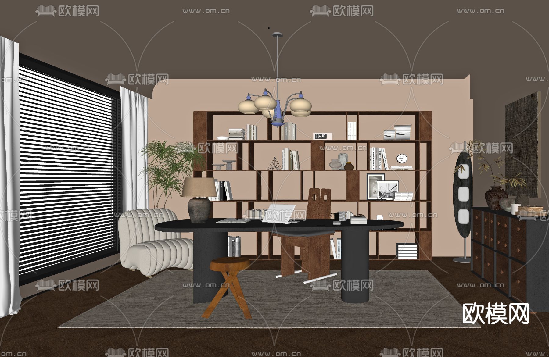 中古风书房su模型下载（渲染图1）