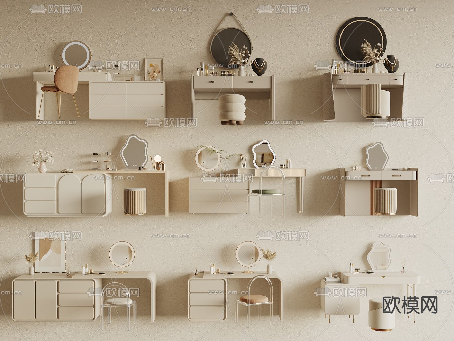 奶油风梳妆台 化妆桌3d模型下载