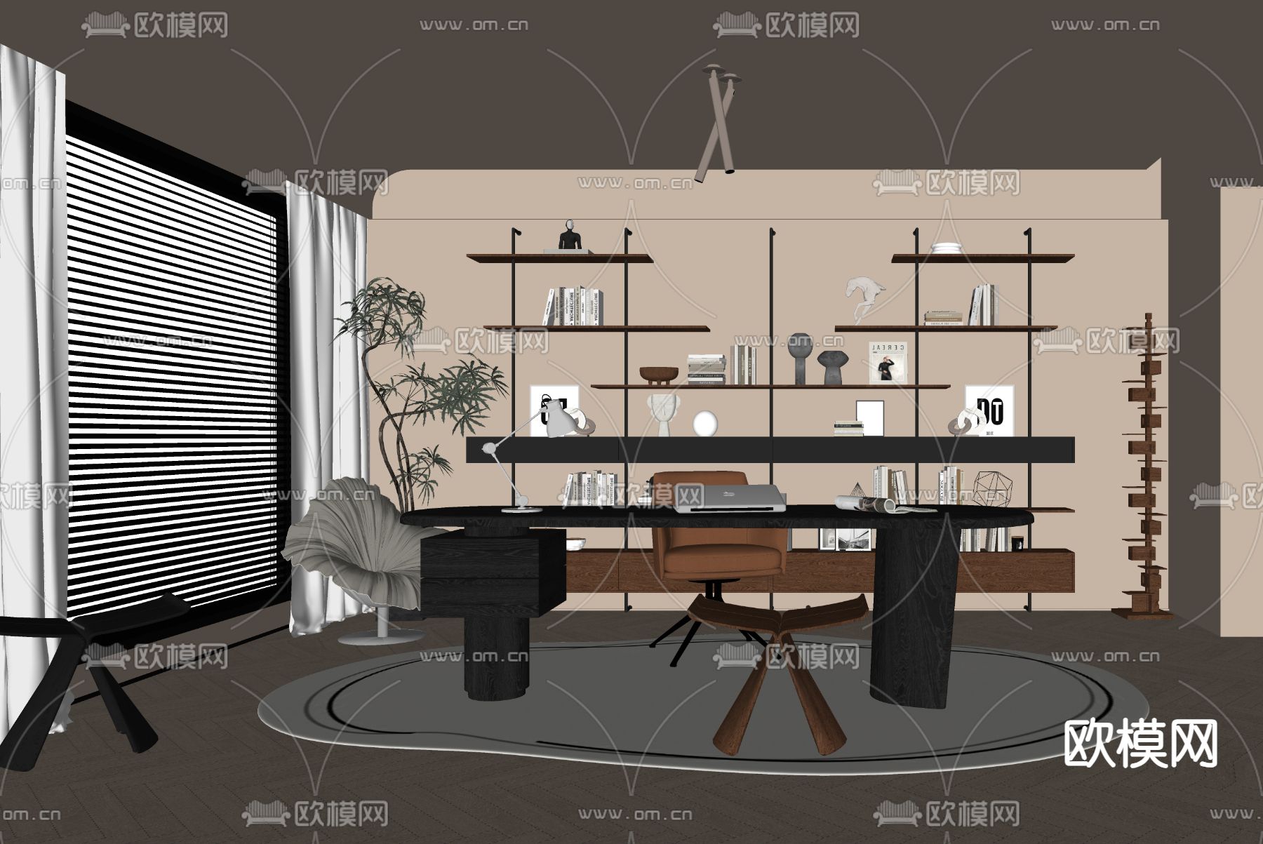 中古风书房su模型下载（渲染图1）