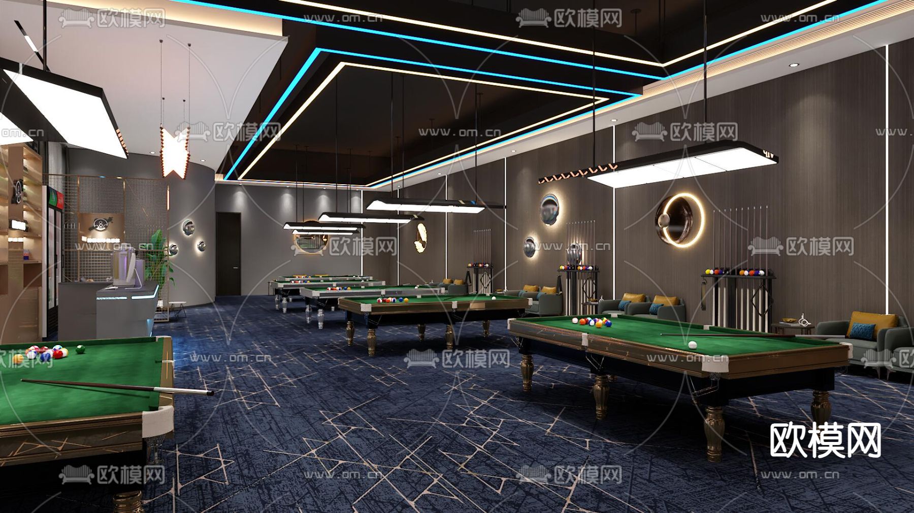 现代台球室 桌球室3d模型下载（渲染图3）
