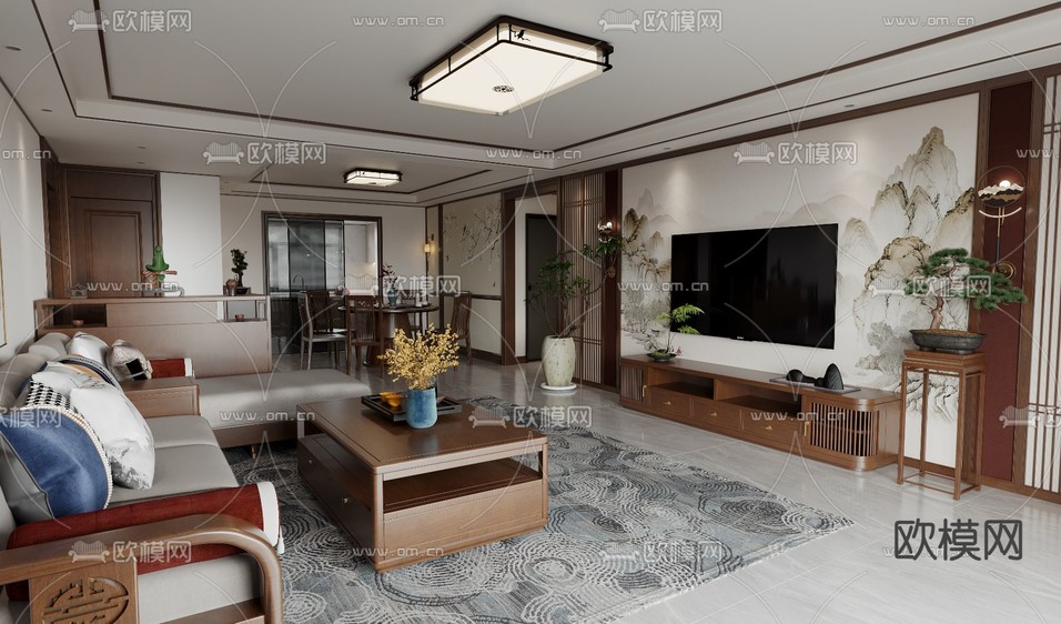 新中式客餐厅3d模型下载(渲染图1)