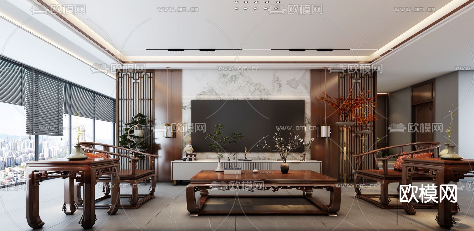 中式客厅3d模型下载_ID15309788_3dmax免费模型-欧模网
