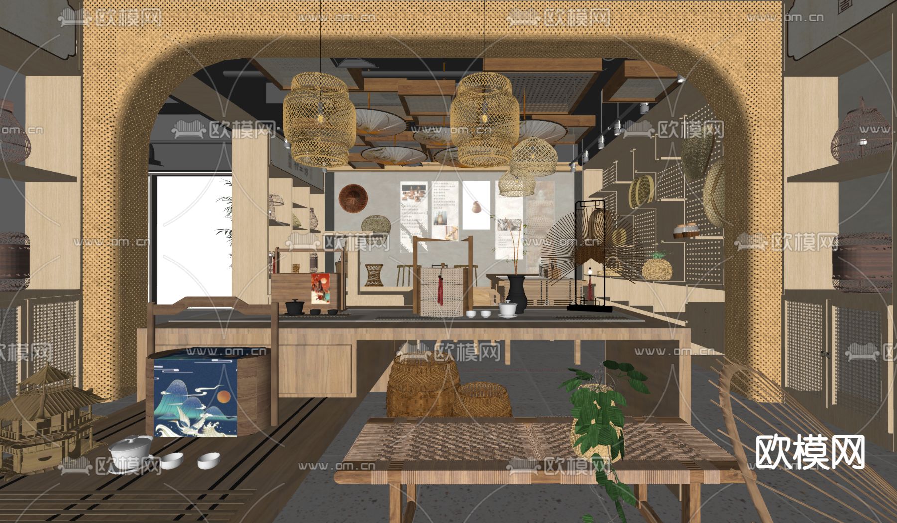 新中式竹艺编织店su模型下载（渲染图1）