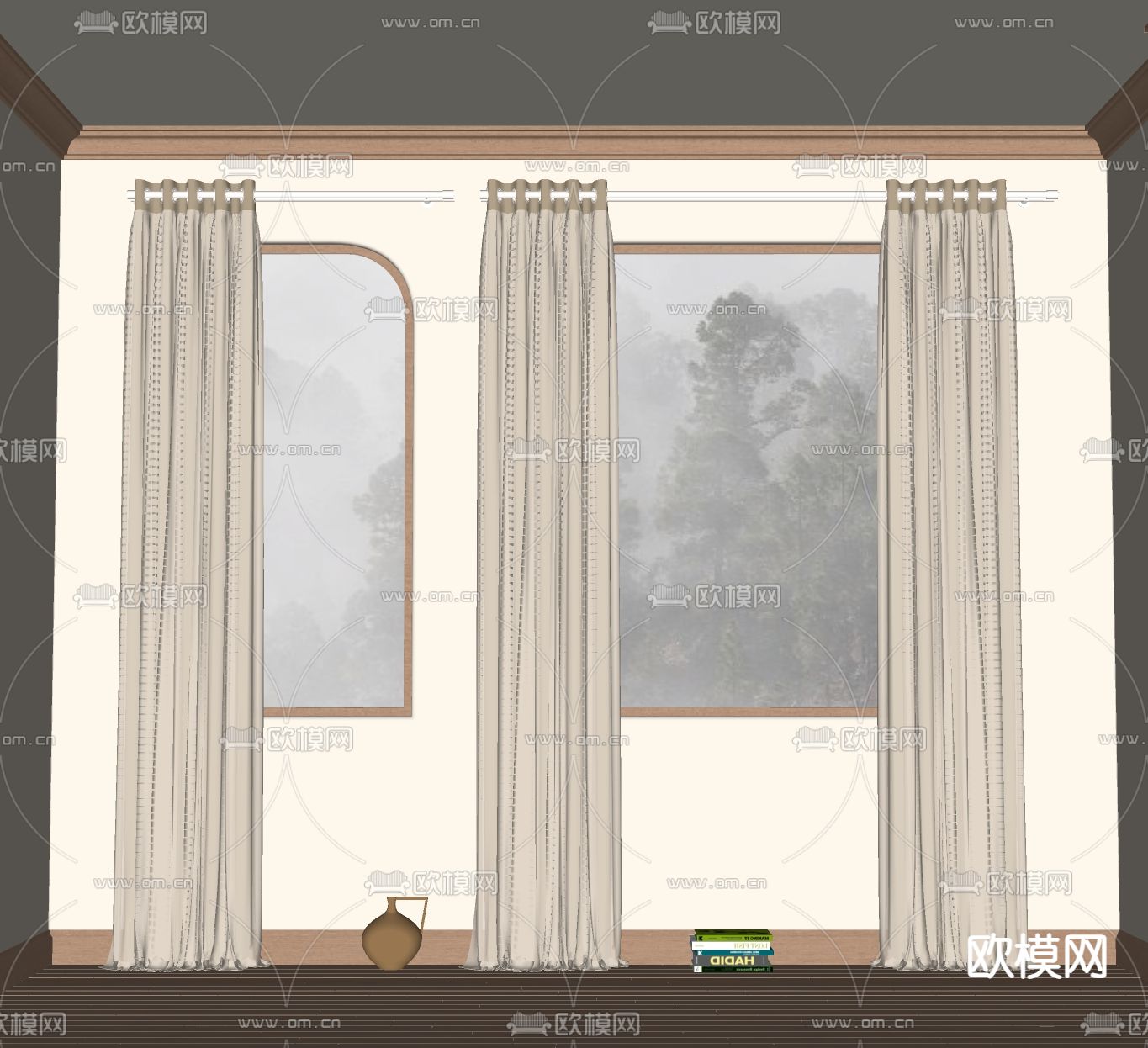奶油风窗帘 罗马帘 纱帘su模型下载（渲染图1）