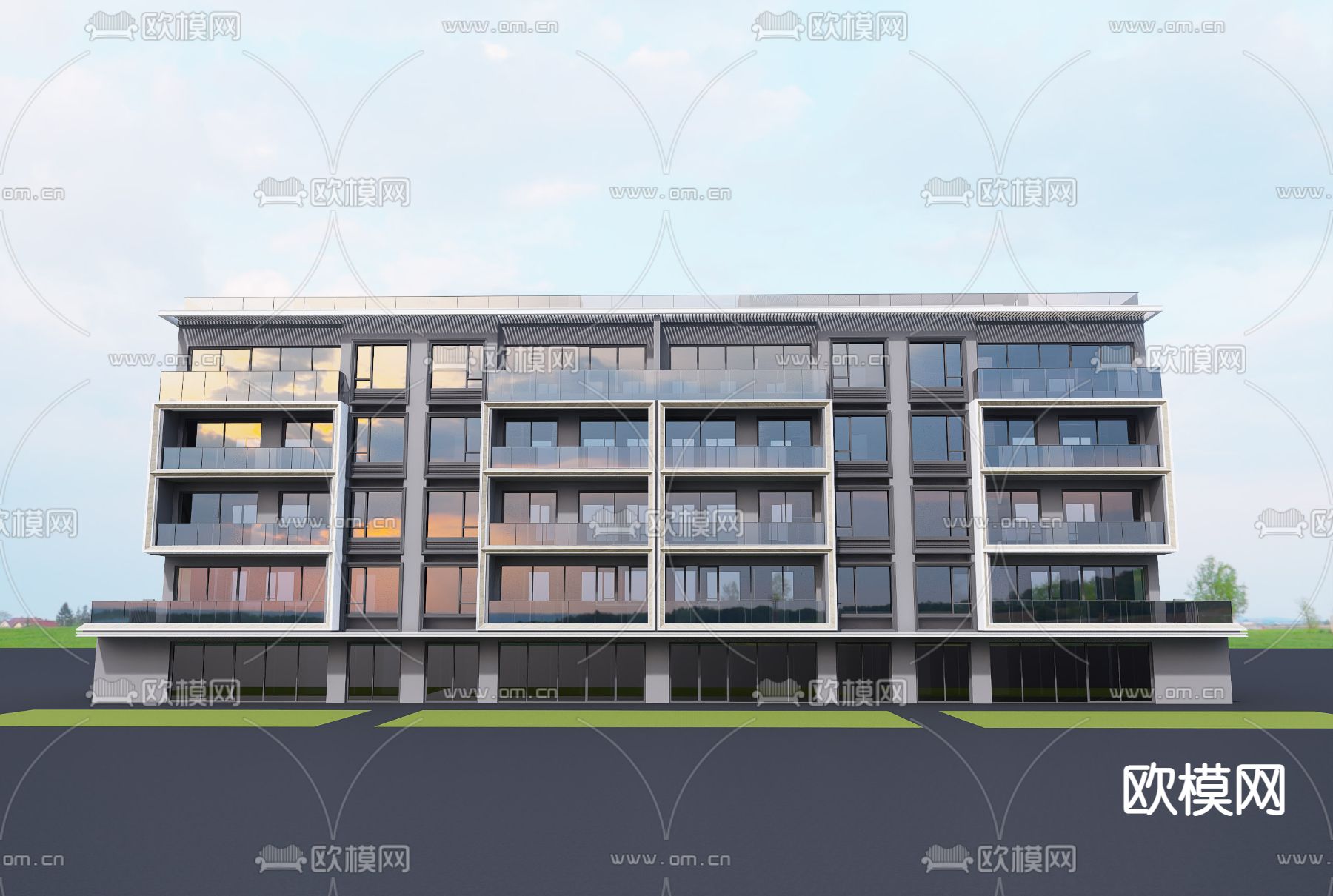 大平层建筑 小区住宅楼 建筑外观su模型下载（渲染图2）