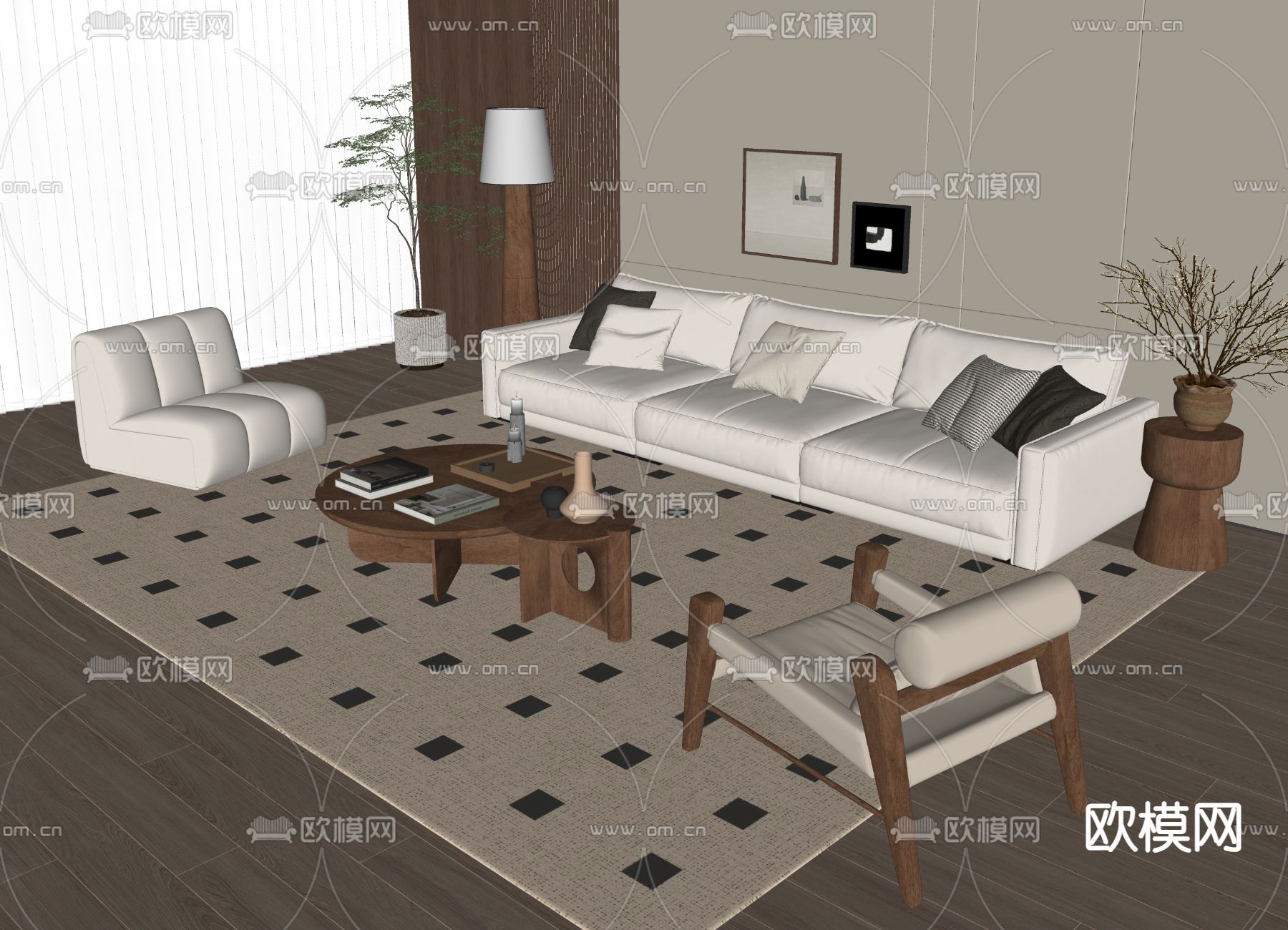 中古风组合沙发su模型下载（渲染图1）