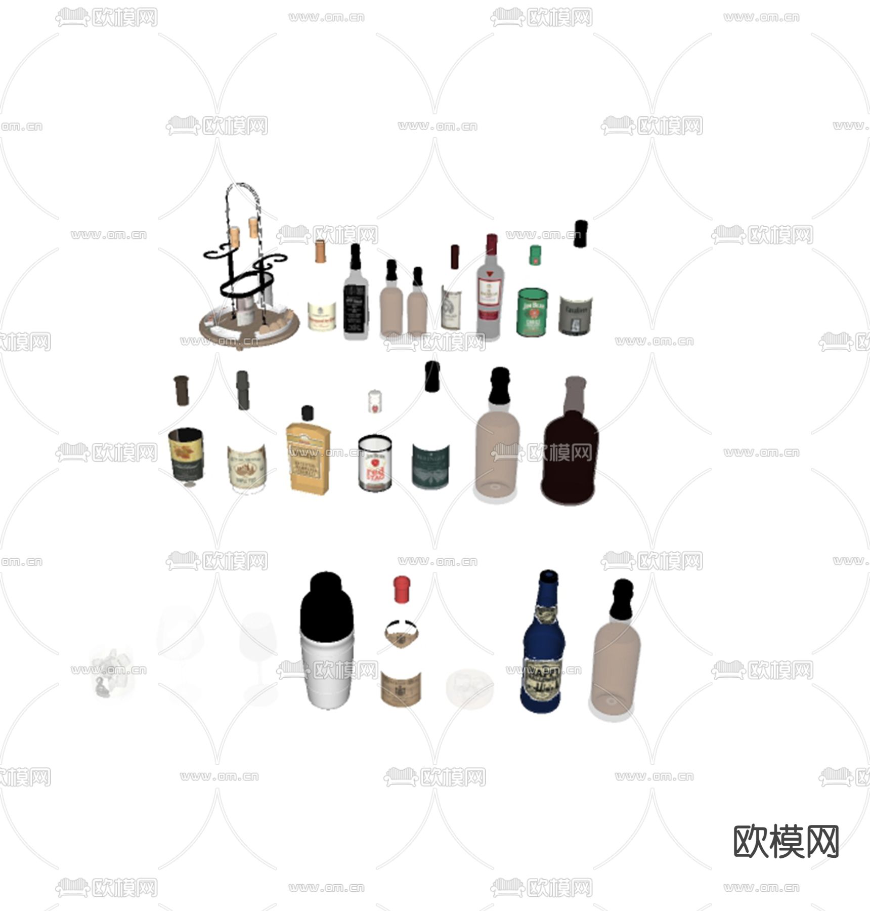 酒水 酒瓶 红酒 洋酒 葡萄酒 酒架su模型下载（渲染图1）