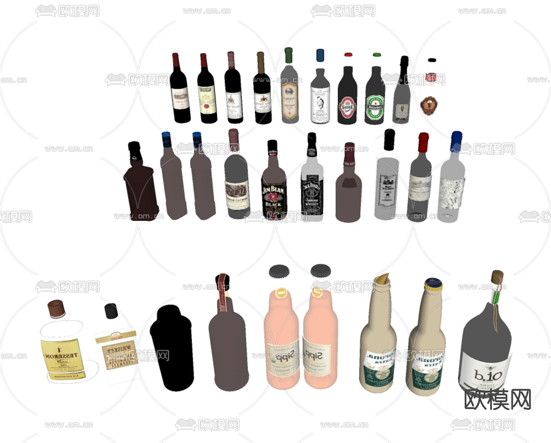 酒水 酒瓶 红酒 洋酒 葡萄酒su模型下载（渲染图1）