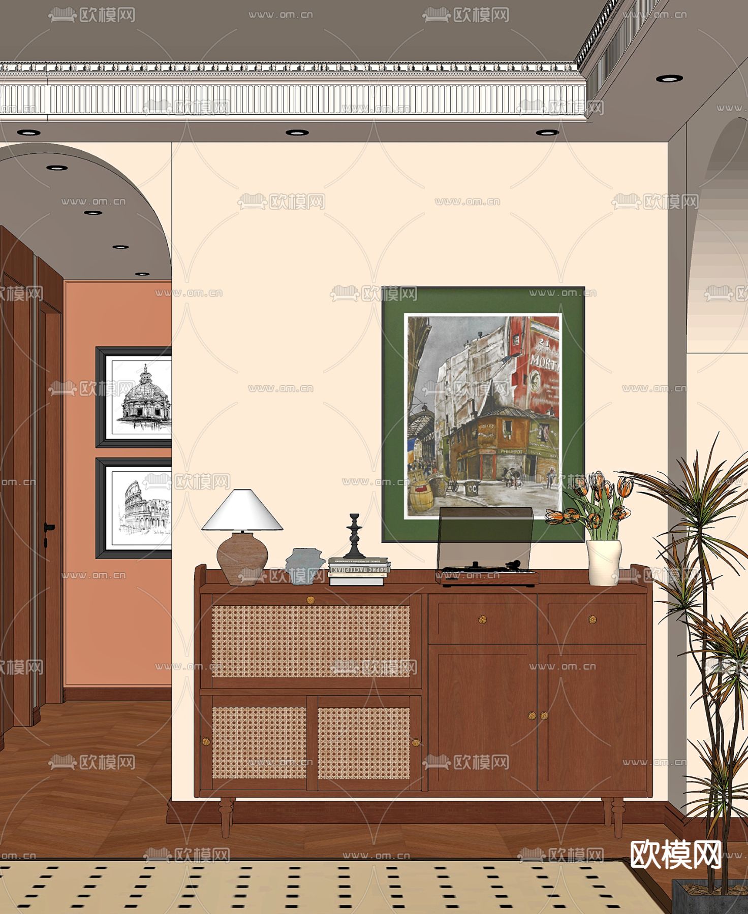 中古风玄关柜 边柜su模型下载（渲染图1）