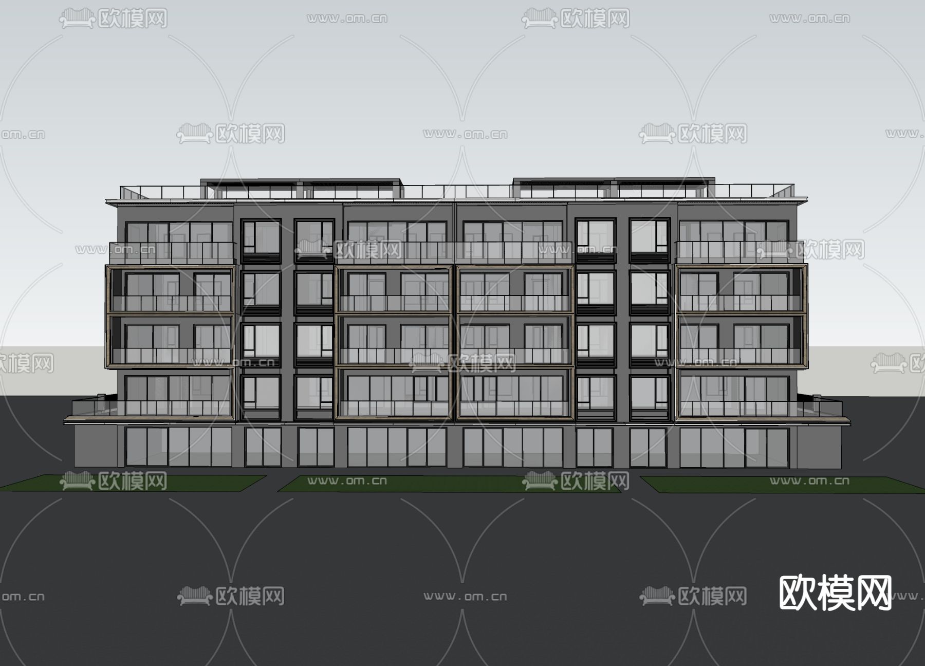 大平层建筑 小区住宅楼 建筑外观su模型下载（渲染图1）