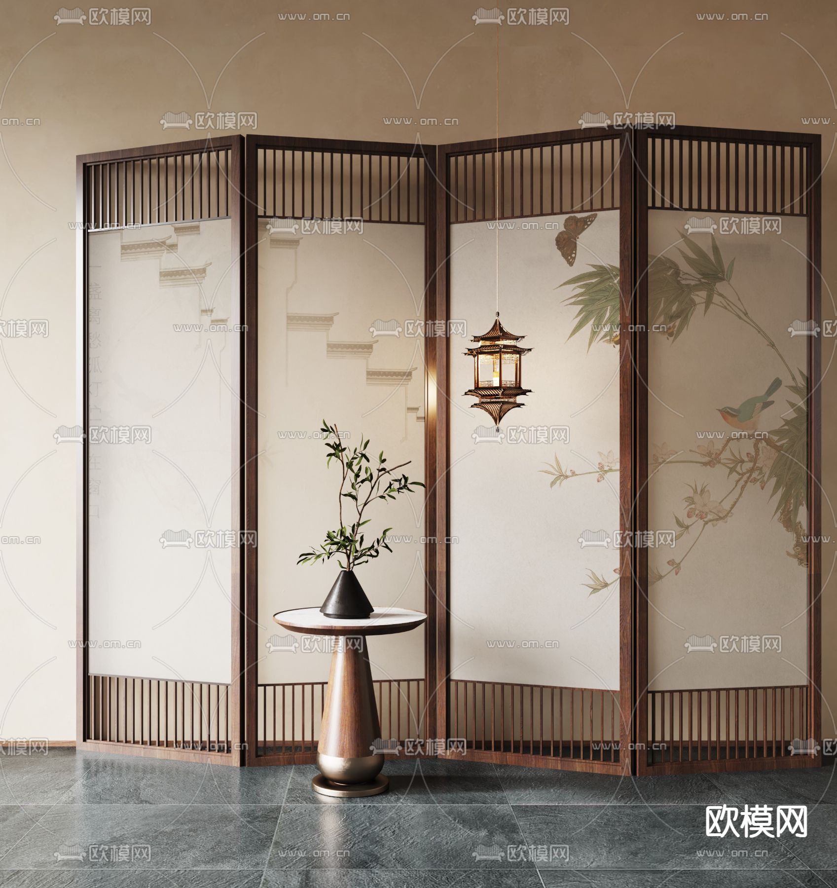 新中式壁画屏风3d模型下载