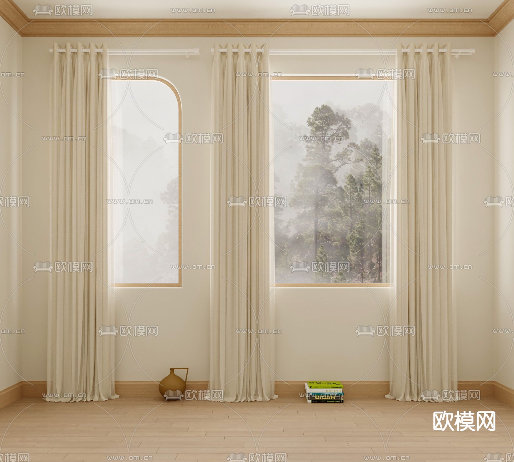 奶油风窗帘 罗马帘 纱帘su模型下载（渲染图2）