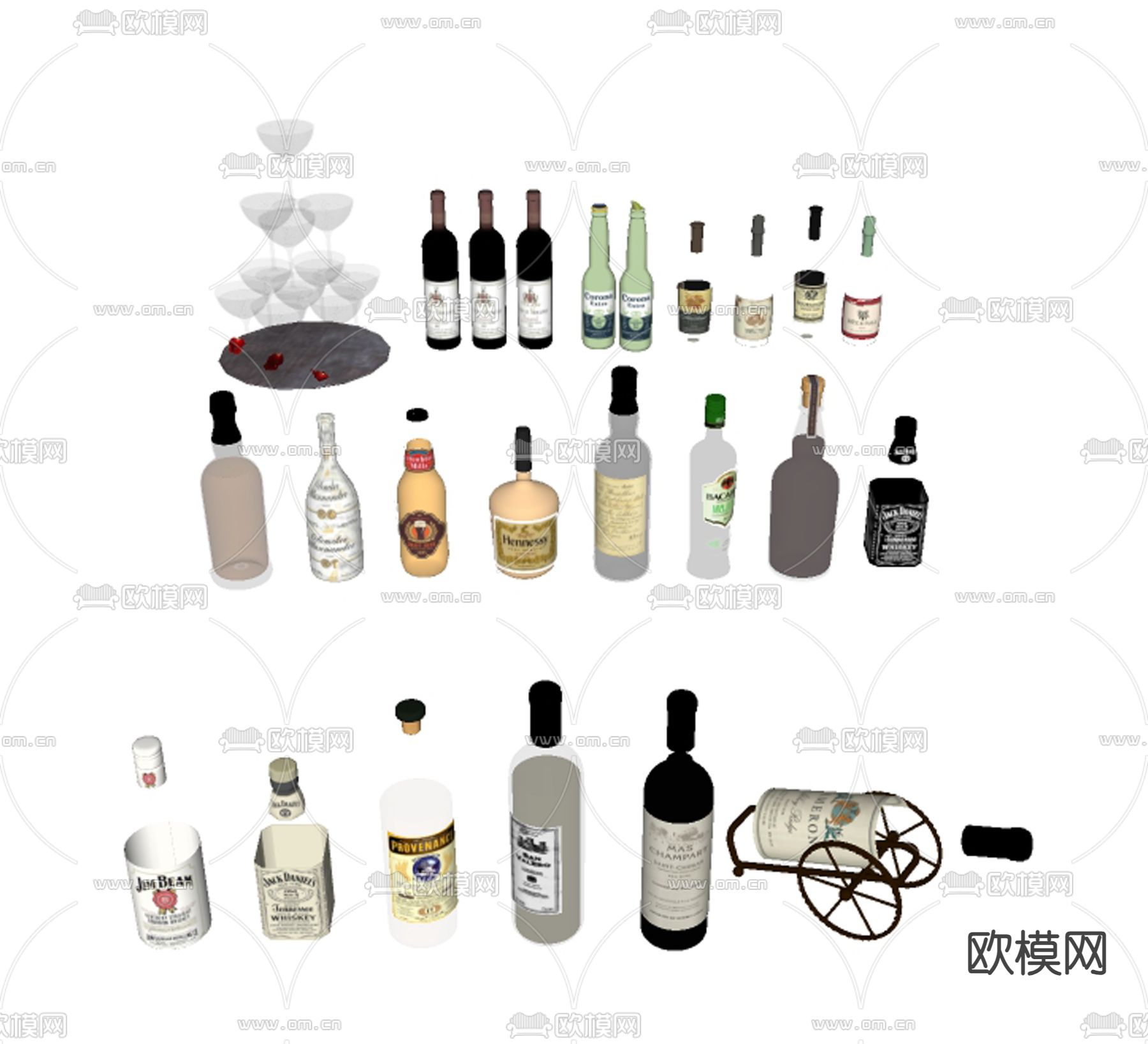 现代酒瓶酒杯 红酒 洋酒 葡萄酒su模型下载（渲染图1）