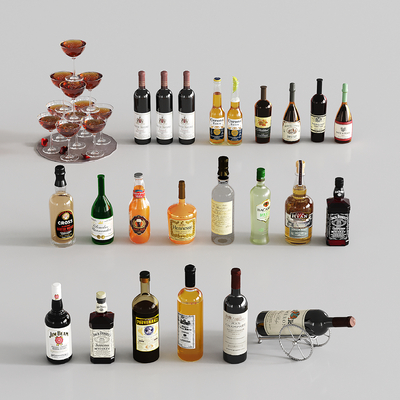  现代酒瓶酒杯 红酒 洋酒 葡萄酒su模型 