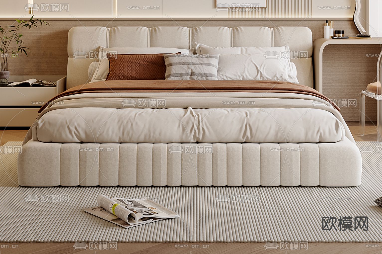 奶油风双人床3d模型下载
