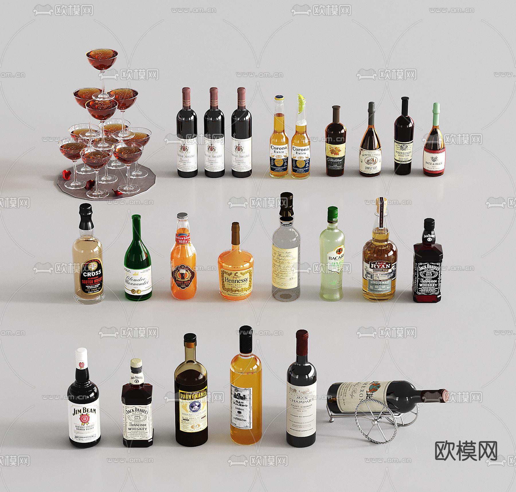 现代酒瓶酒杯 红酒 洋酒 葡萄酒su模型下载（渲染图2）
