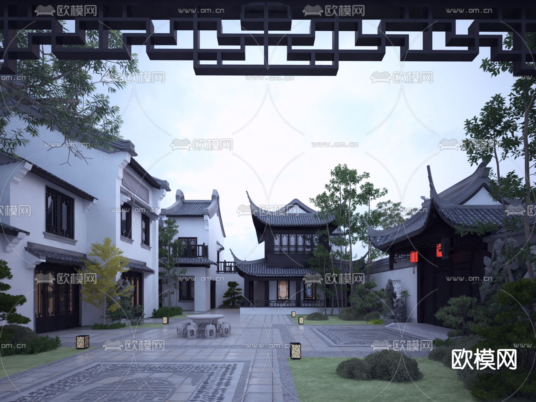 中式古建 四合院 庭院花园3d模型下载