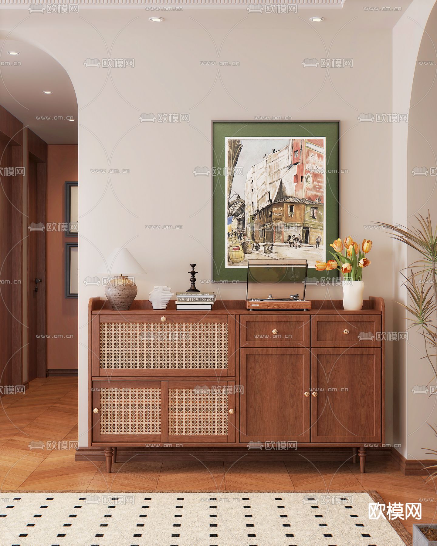 中古风玄关柜 边柜su模型下载（渲染图2）