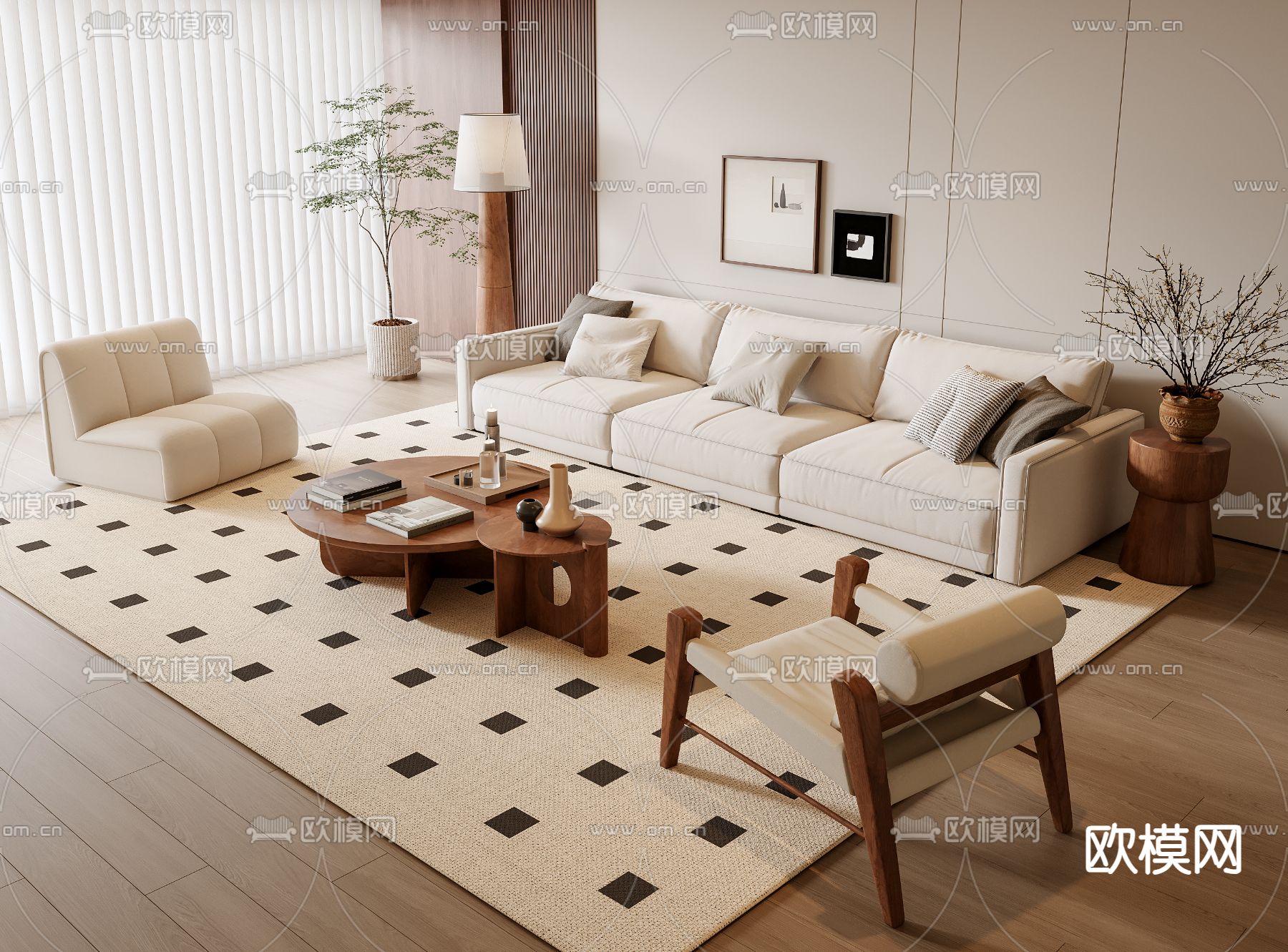中古风组合沙发su模型下载（渲染图2）
