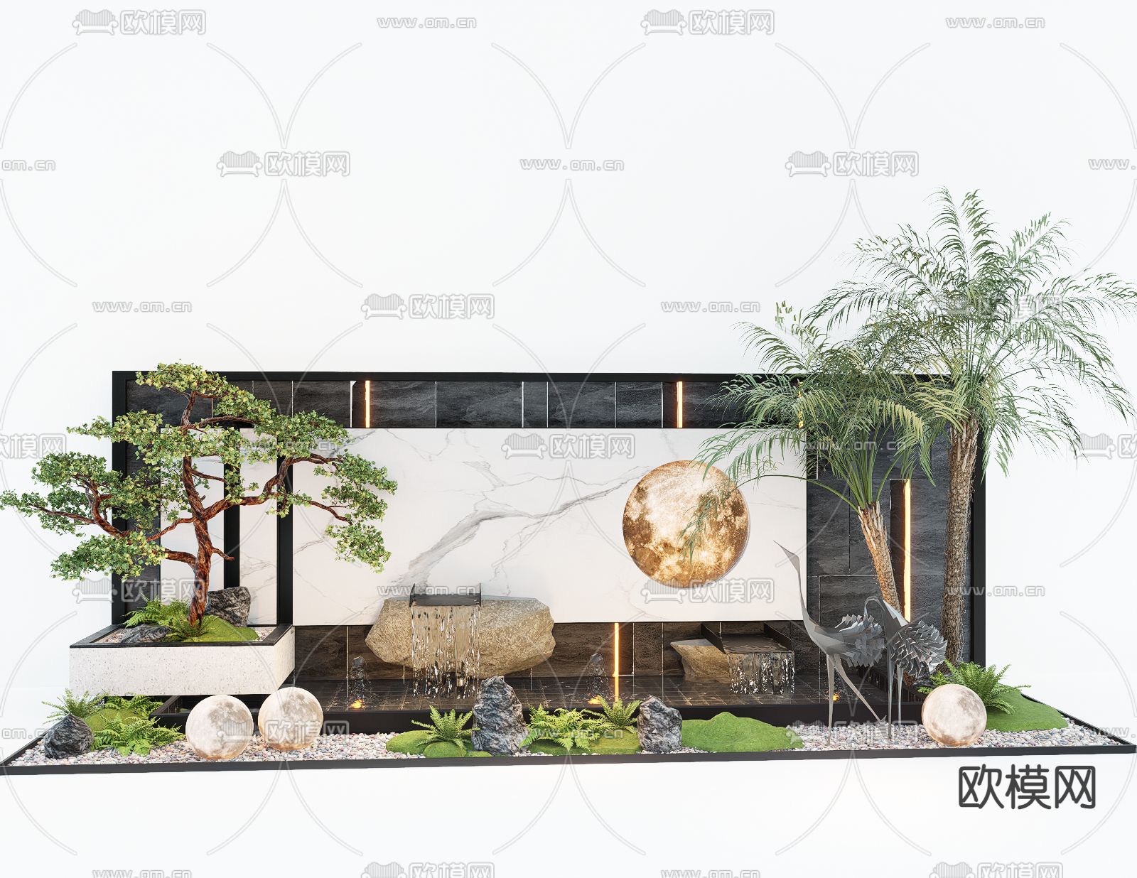 新中式水景墙 跌水景墙su模型下载（渲染图2）