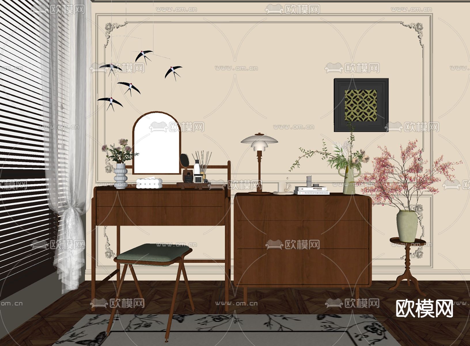 中古风梳妆台su模型下载（渲染图1）