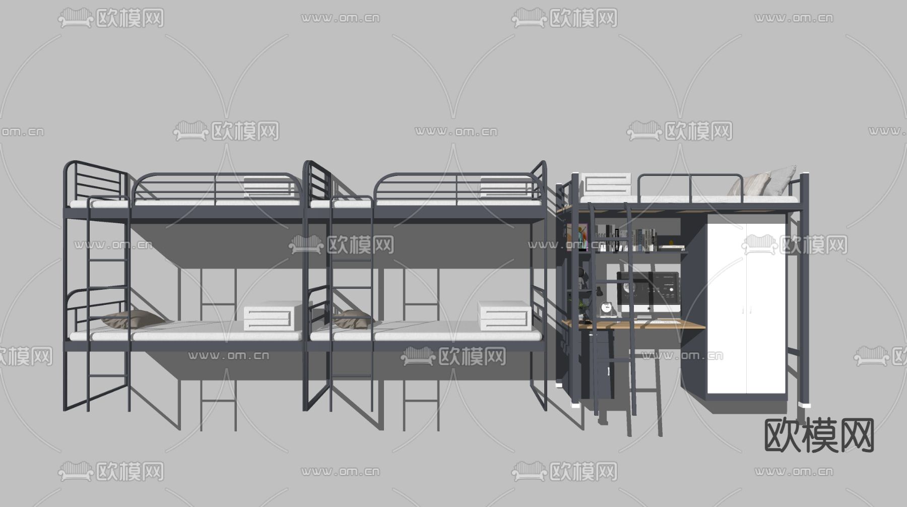 现代上床下桌 上下床 宿舍床su模型下载（渲染图1）