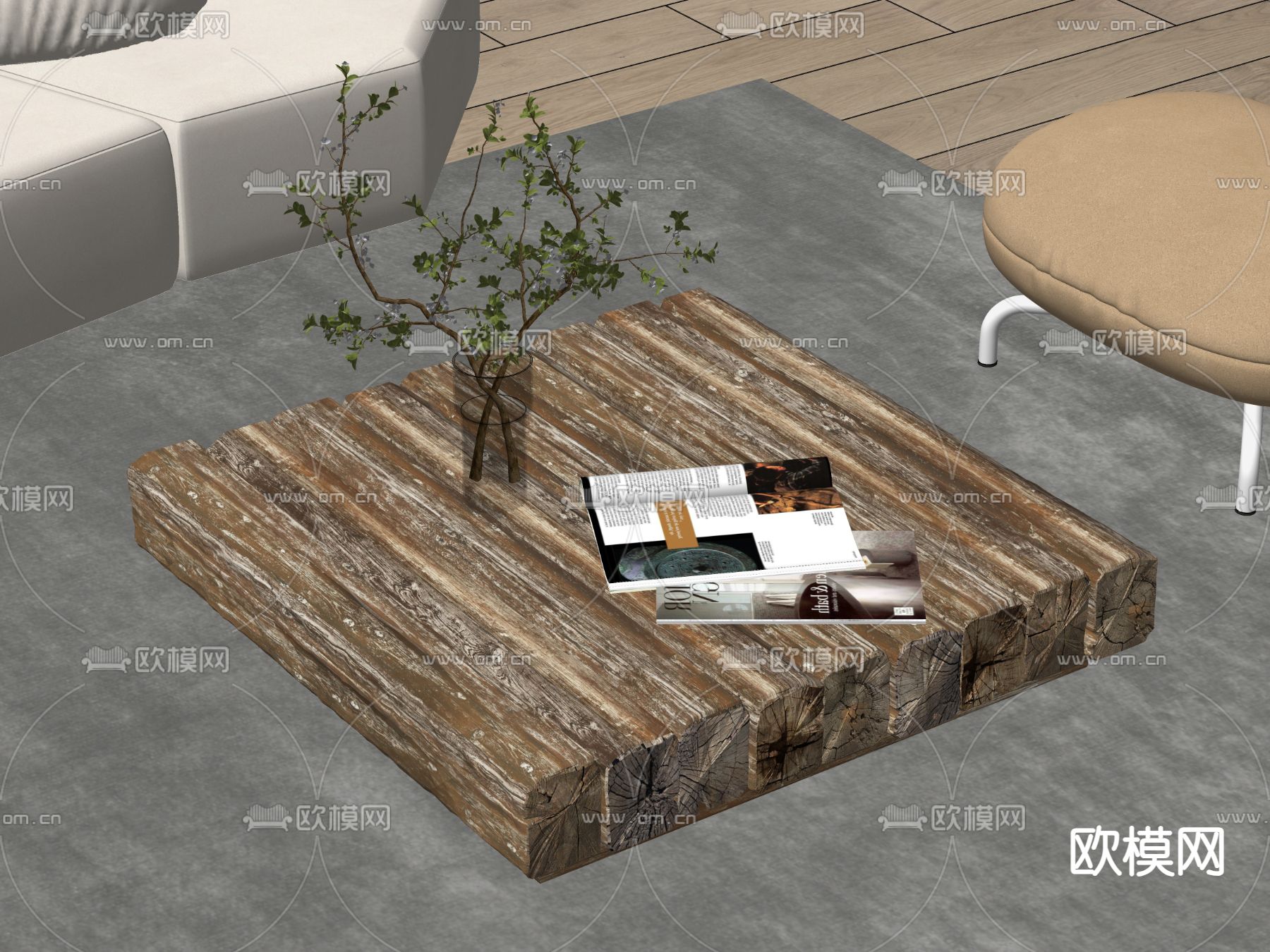 侘寂原木茶几su模型下载（渲染图1）