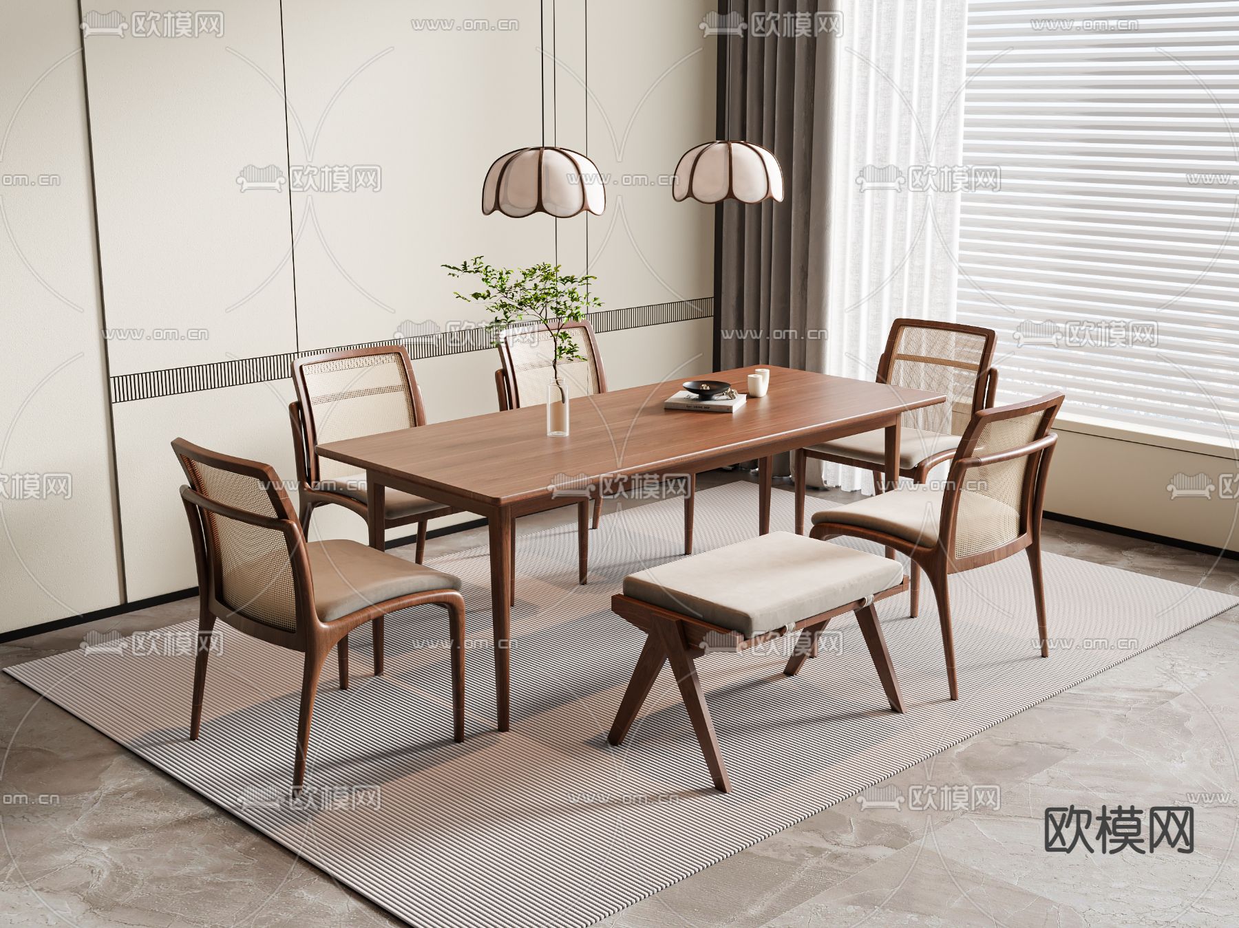 侘寂长方形餐桌椅3d模型下载