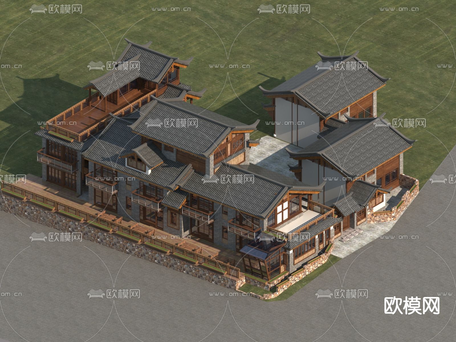 中式古建 民宿外观su模型下载（渲染图2）