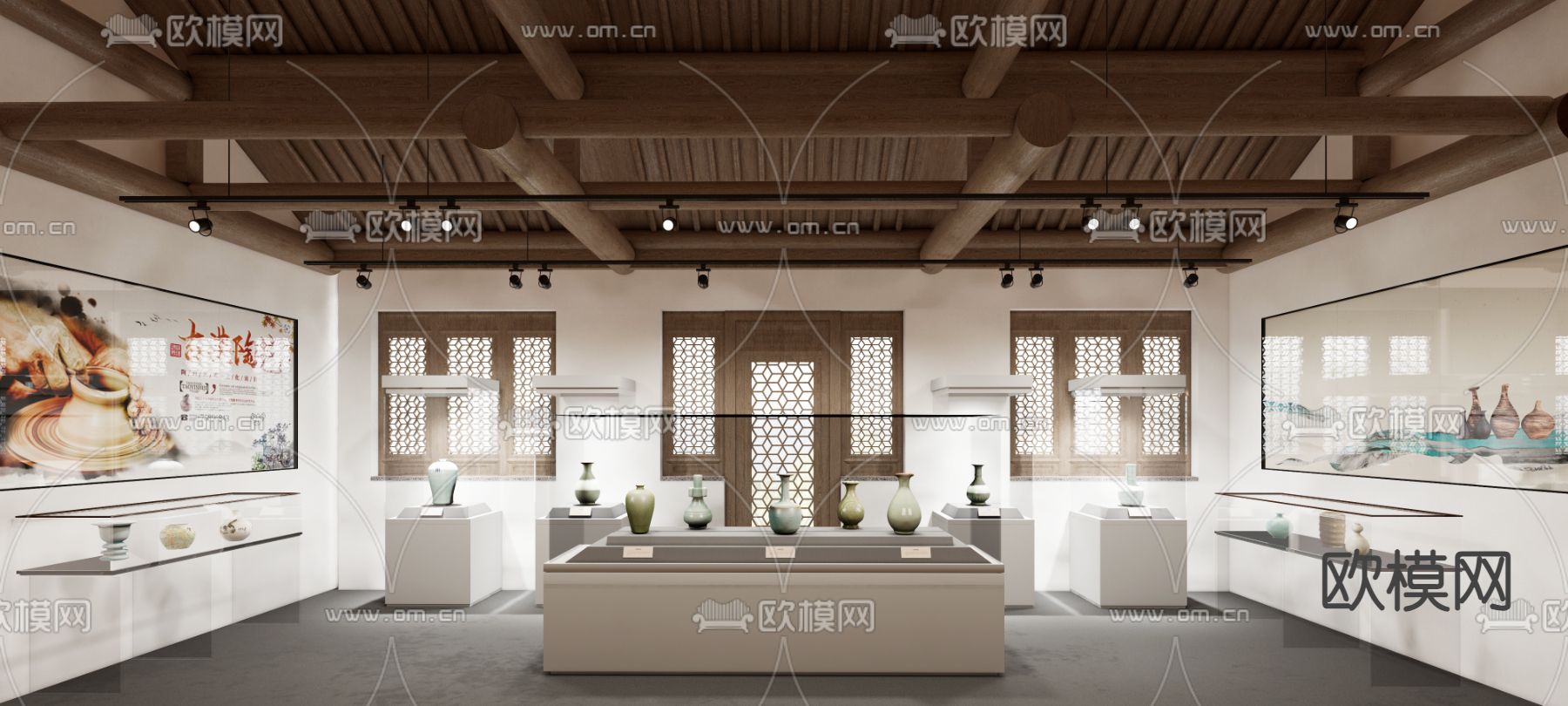 新中式 陶瓷博物馆 清瓷器展览su模型下载（渲染图2）