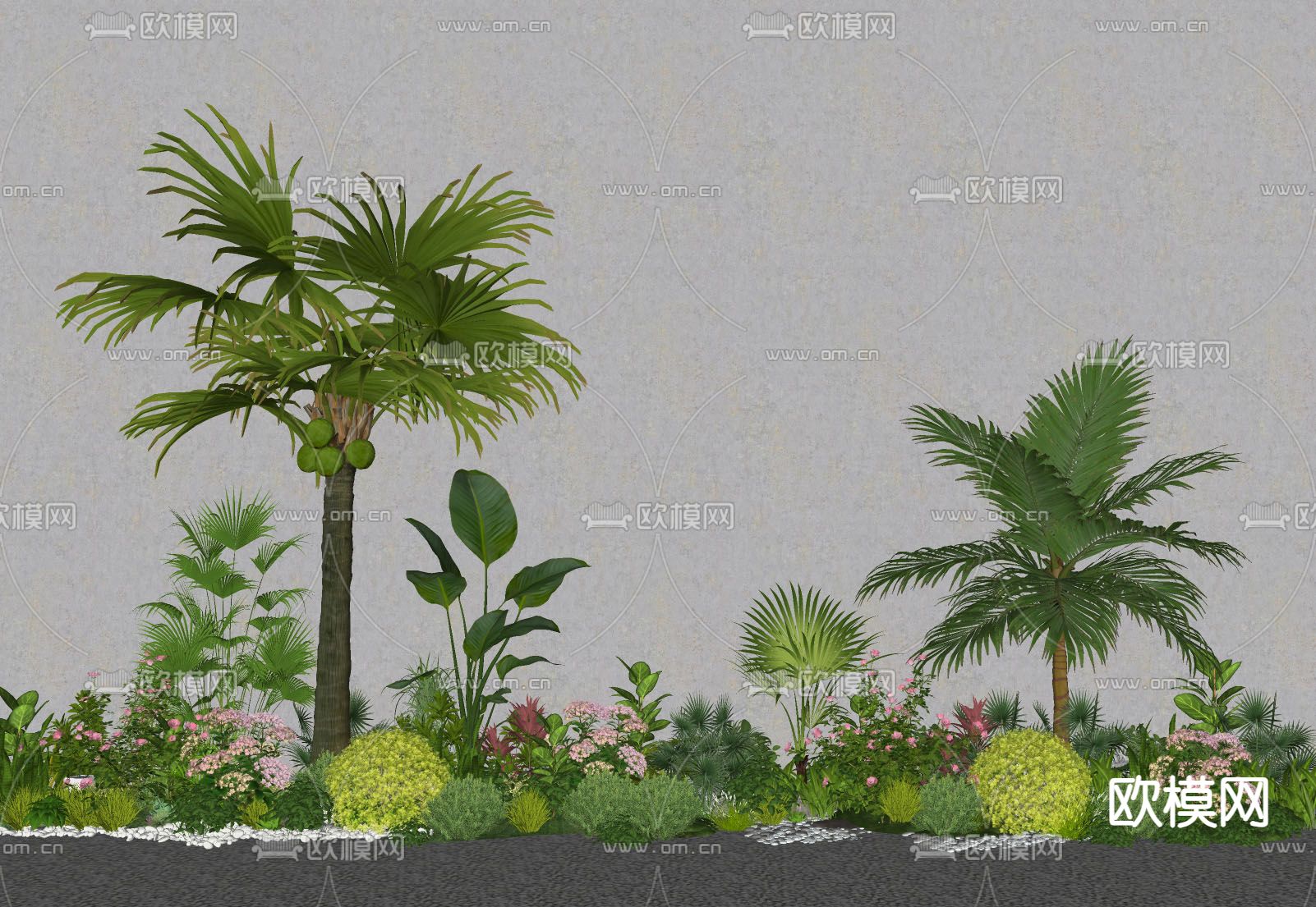 花境 乔木 灌木球 棕榈树 绿植堆 植物堆su模型下载（渲染图1）