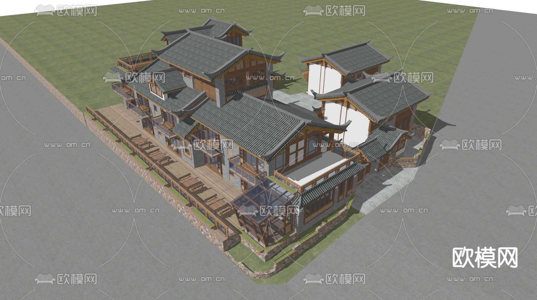 中式古建 民宿外观su模型下载（渲染图1）
