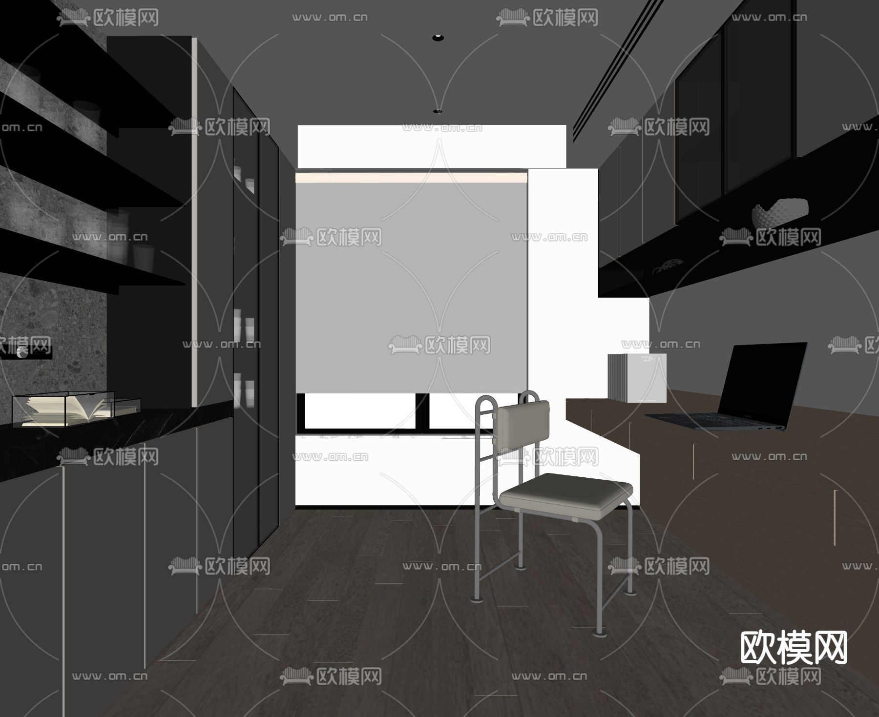 奶油风书房su模型下载（渲染图1）