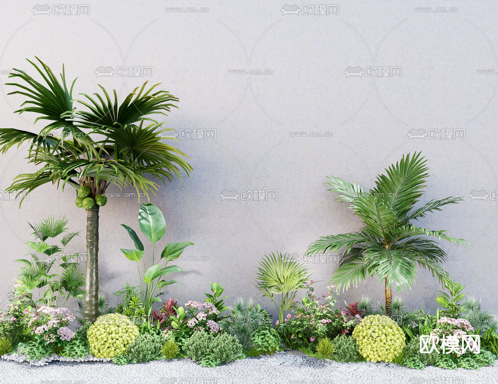 花境 乔木 灌木球 棕榈树 绿植堆 植物堆su模型下载（渲染图2）
