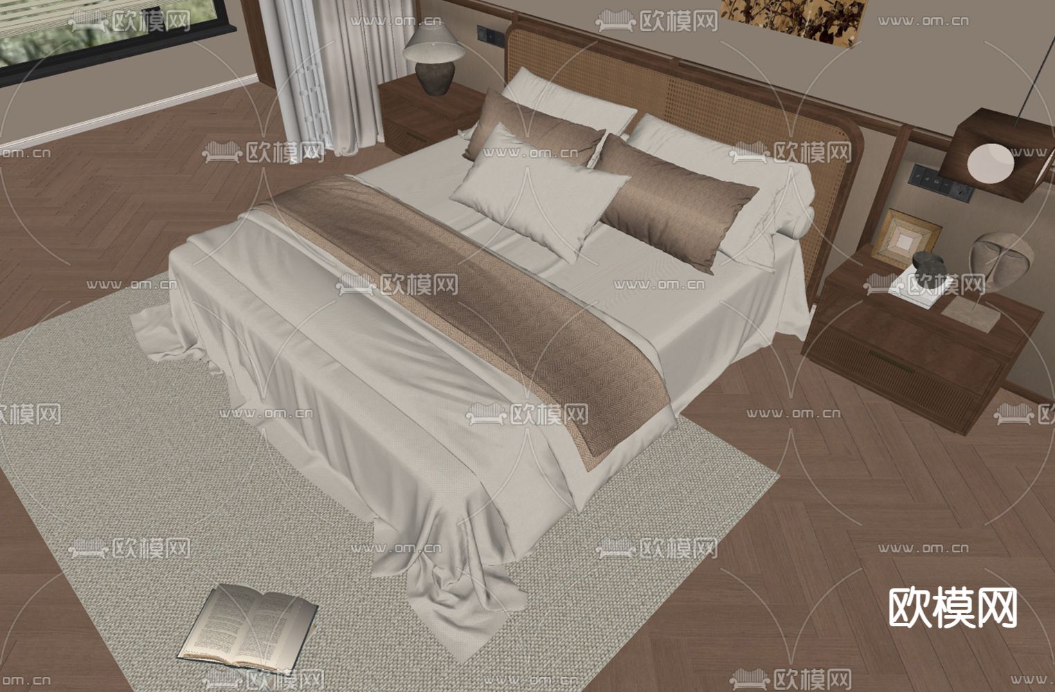 中古风双人床su模型下载（渲染图1）