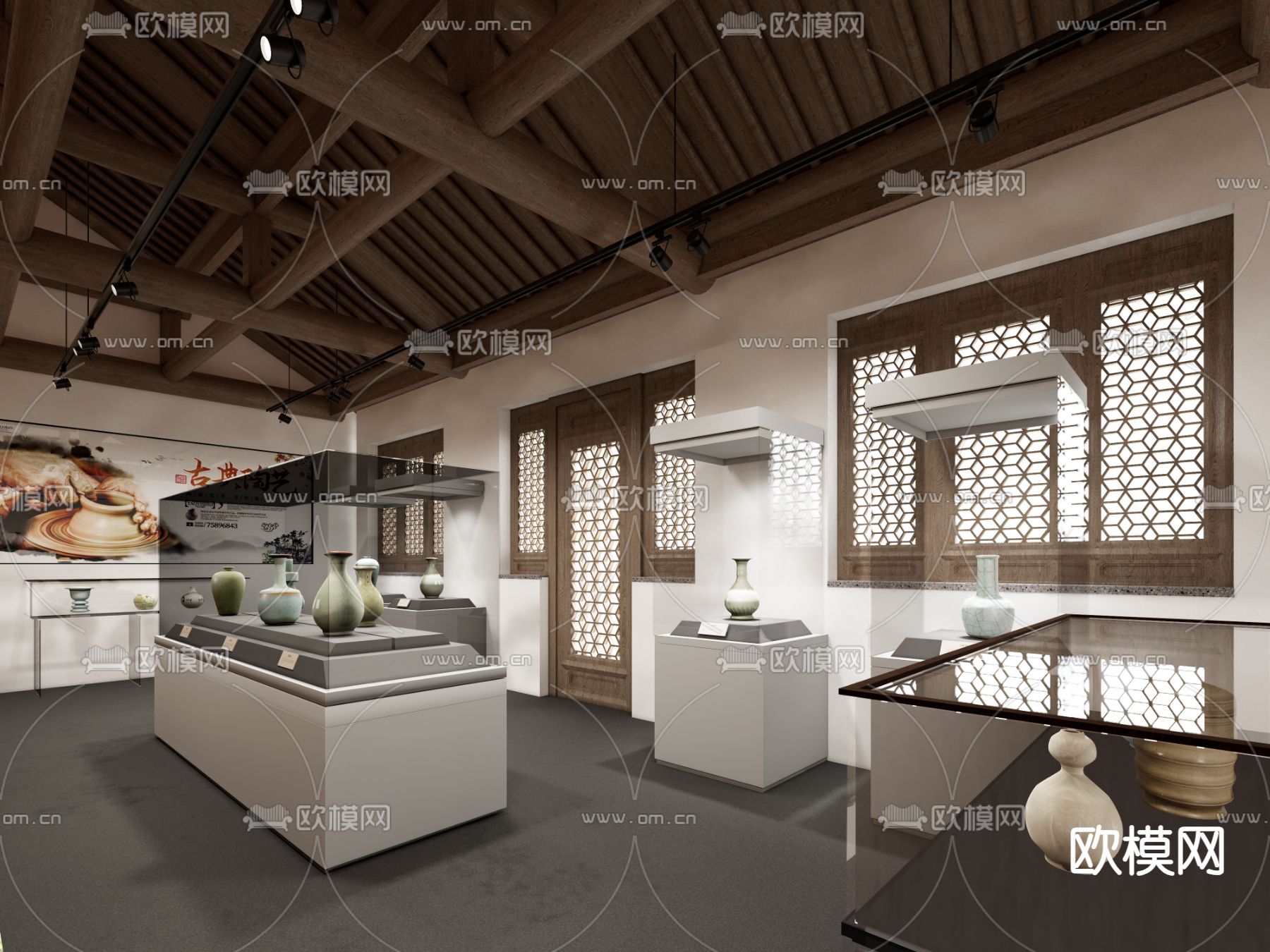 新中式 陶瓷博物馆 清瓷器展览su模型下载（渲染图5）