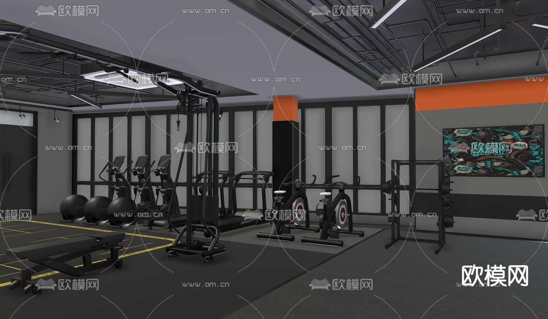 现代健身房 健身器材 运动空间su模型下载（渲染图3）