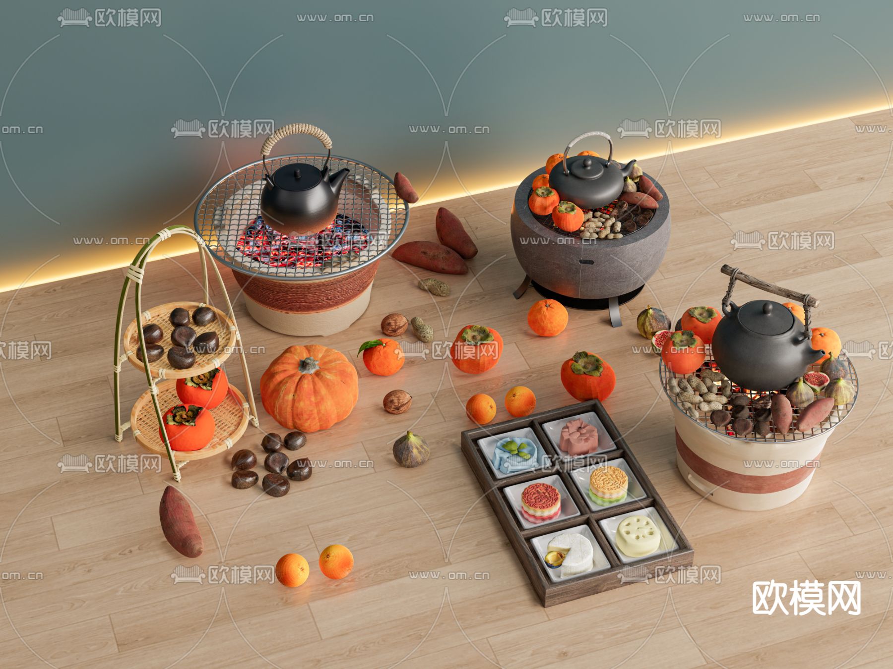 茶具 围炉煮茶 甜品架 水果su模型下载（渲染图2）