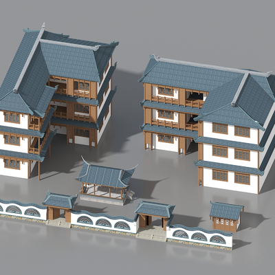  中式古建 民宿外观su模型 