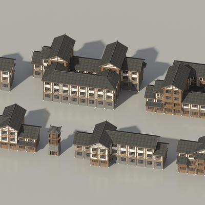  中式古建 民宿外观 乡村民房su模型 