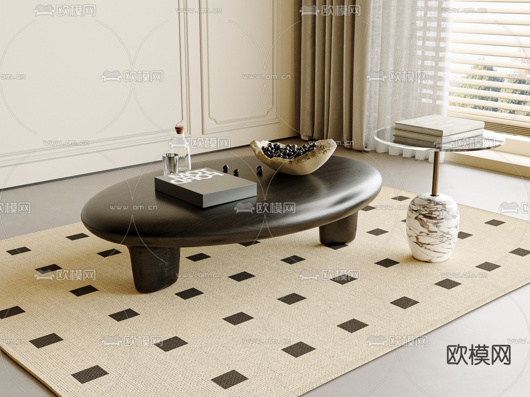 侘寂中古风茶几 木制茶几3d模型下载