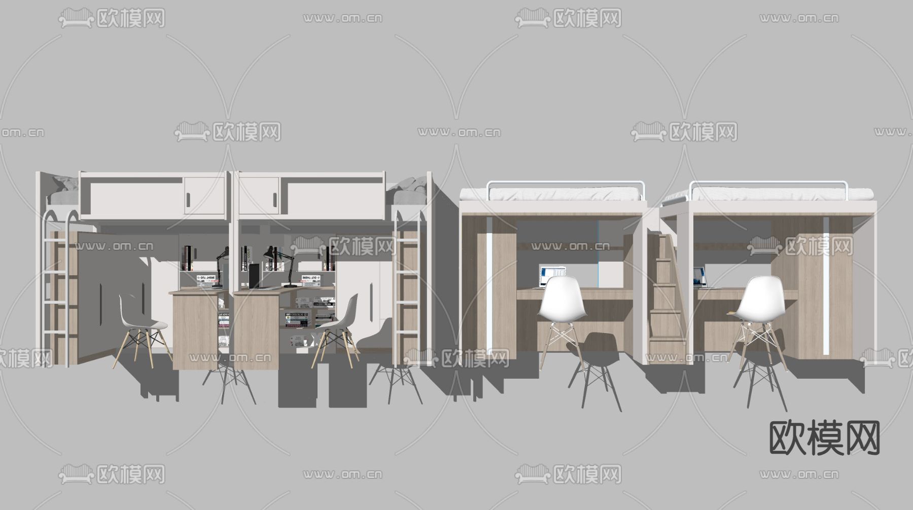 现代上床下桌 上下床 宿舍床su模型下载（渲染图1）