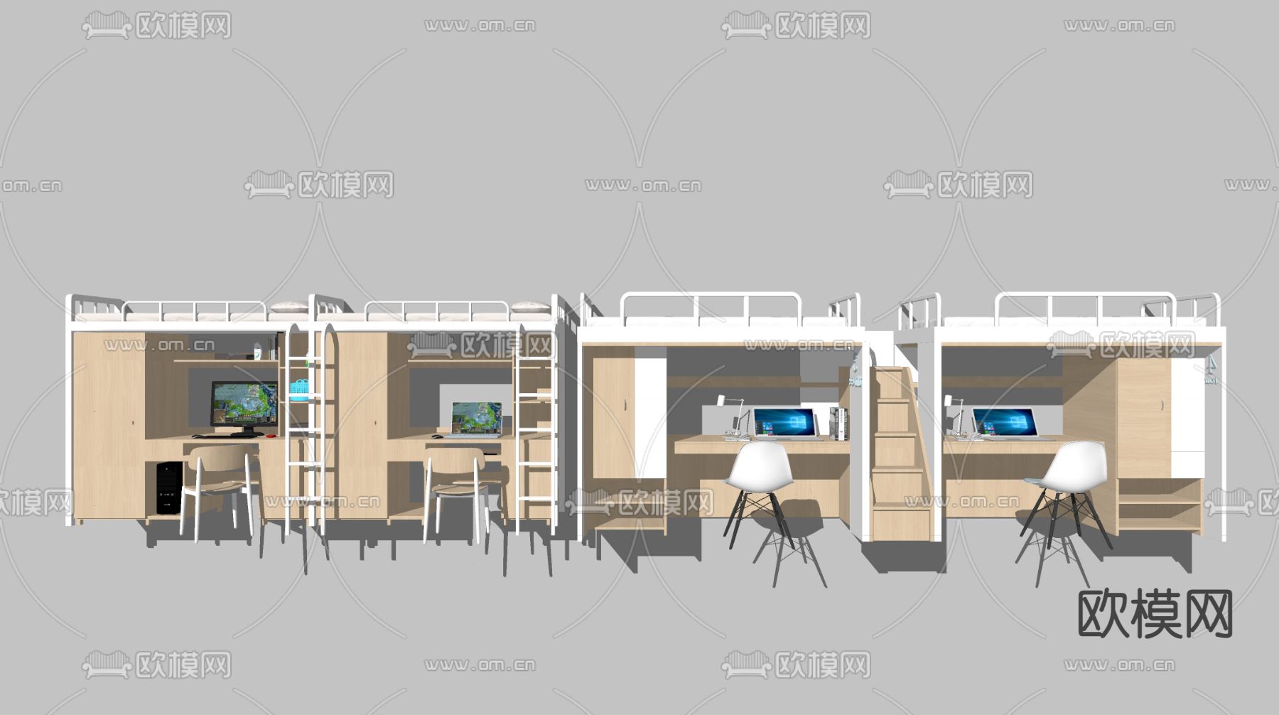 现代上床下桌 上下床 宿舍床su模型下载（渲染图1）
