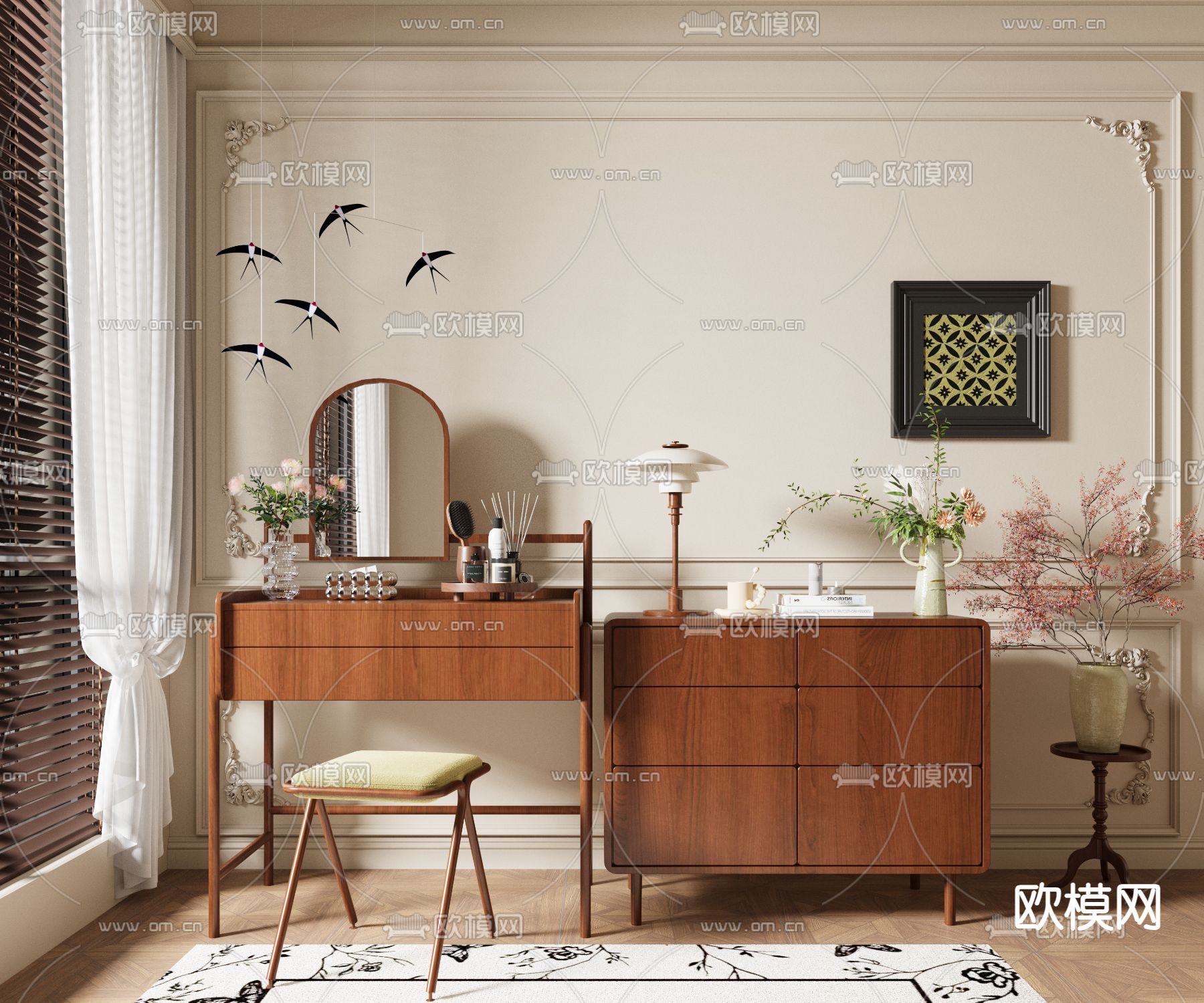 中古风梳妆台su模型下载（渲染图2）