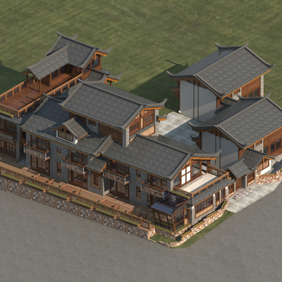  中式古建 民宿外观su模型 